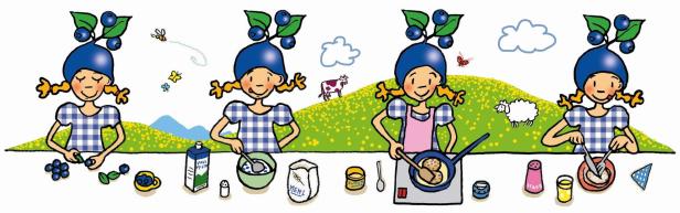 Eine Illustration, die zeigt, wie ein Mädchen mit Blaubeermütze Blaubeerpfannkuchen zubereitet.