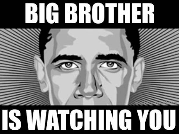 Eine stilisierte Darstellung von Barack Obama mit dem Text „Big Brother is watching you“.