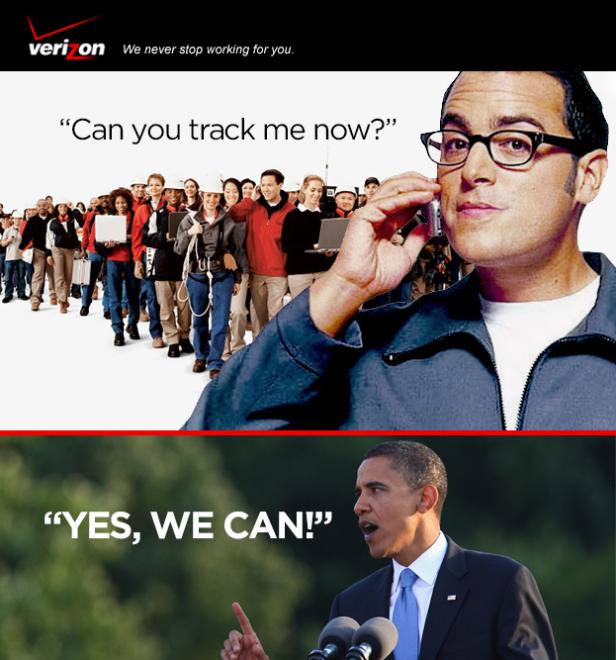 Eine Werbeanzeige von Verizon mit einem Mann, der fragt, ob er geortet werden kann, und Barack Obama, der mit „Yes, we can!“ antwortet.