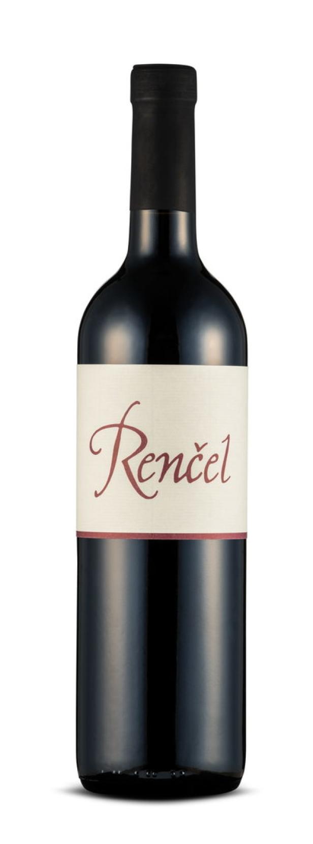 Eine Flasche Rotwein der Marke Renčel vor einem weißen Hintergrund.