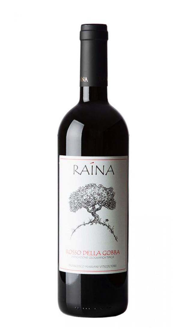 Eine Flasche „Raina Rosso della Gobba“ Rotwein mit einem Baum auf dem Etikett.