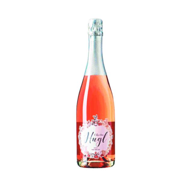 Eine Flasche Christian Hügl Rosé Sekt vor einem weißen Hintergrund.