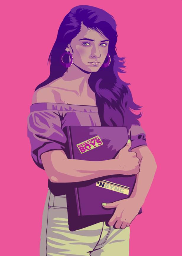 Eine junge Frau hält ein Notizbuch mit Aufklebern der Backstreet Boys und *NSYNC.