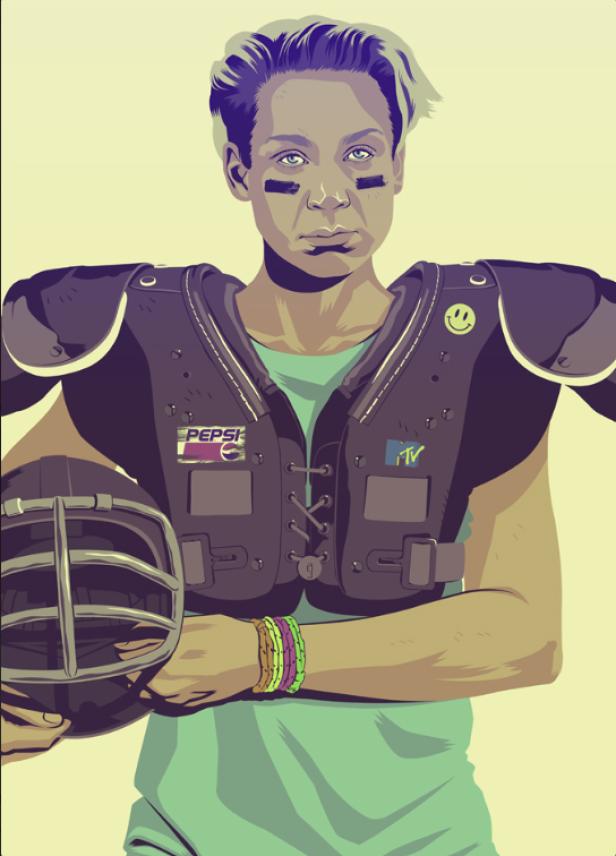 Eine junge Frau mit Football-Schulterpolstern und Kriegsbemalung unter den Augen hält einen Helm.