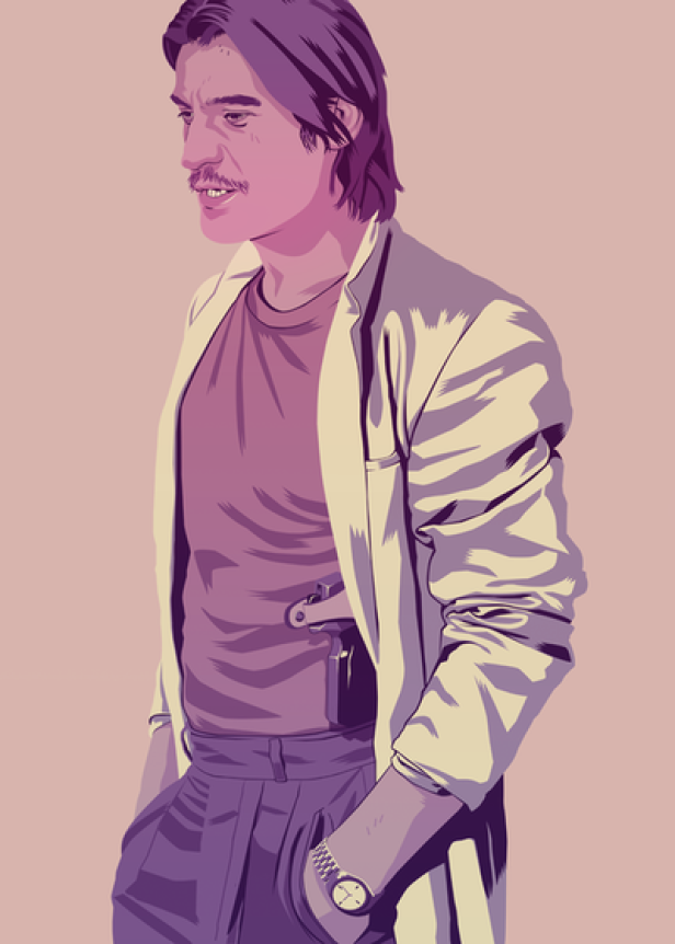 Ein Mann mit Schnurrbart, Sakko und Pistole im Halfter trägt eine Armbanduhr.