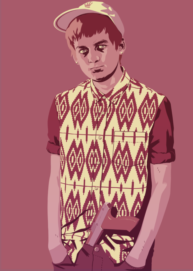 Ein junger Mann mit Kappe und gemustertem Hemd hält eine Waffe in seiner Hose.