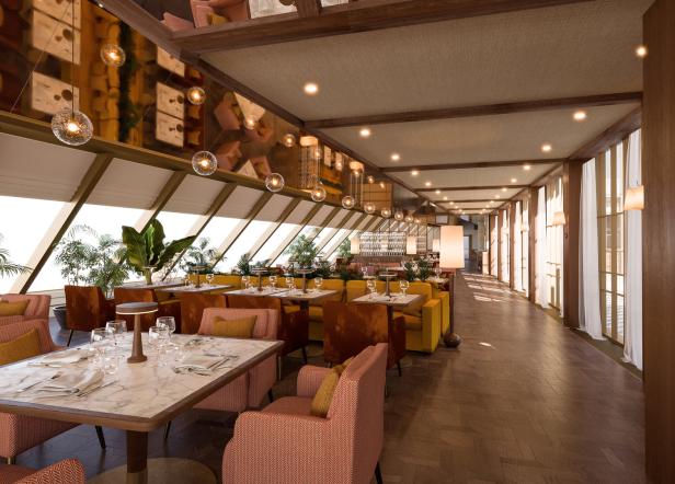 Ein elegantes Restaurant mit Tischen, Stühlen und Pflanzen in einem hellen Raum.