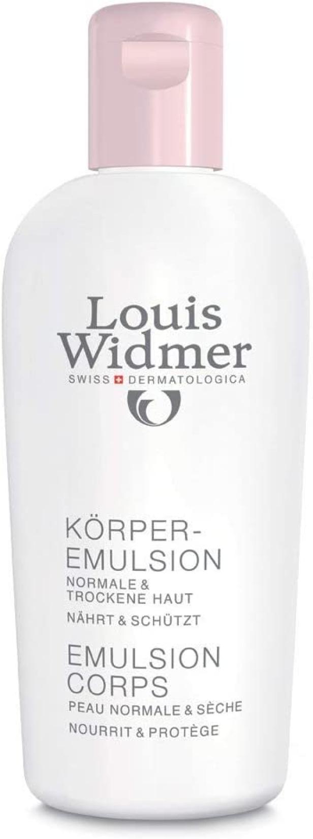 Eine Flasche Louis Widmer Körperemulsion für normale und trockene Haut.