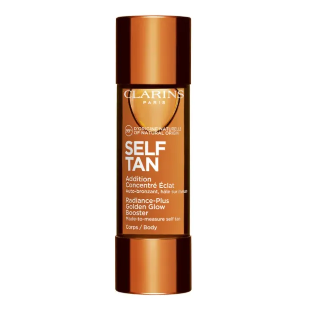 Eine Flasche Clarins „Self Tan Radiance-Plus Golden Glow Booster“.