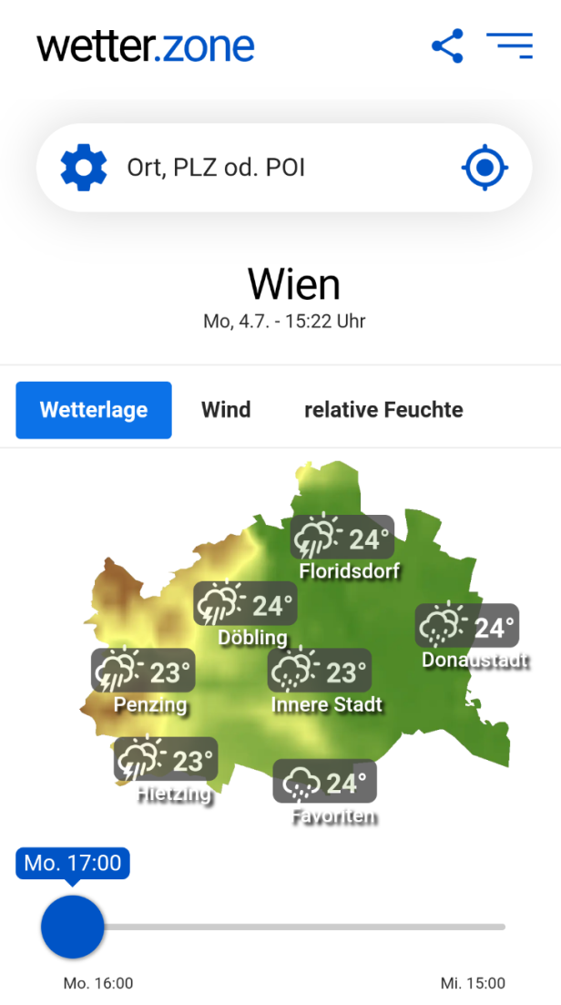 Eine Wetterkarte von Wien mit Temperaturen und Bewölkung nach Stadtteil.