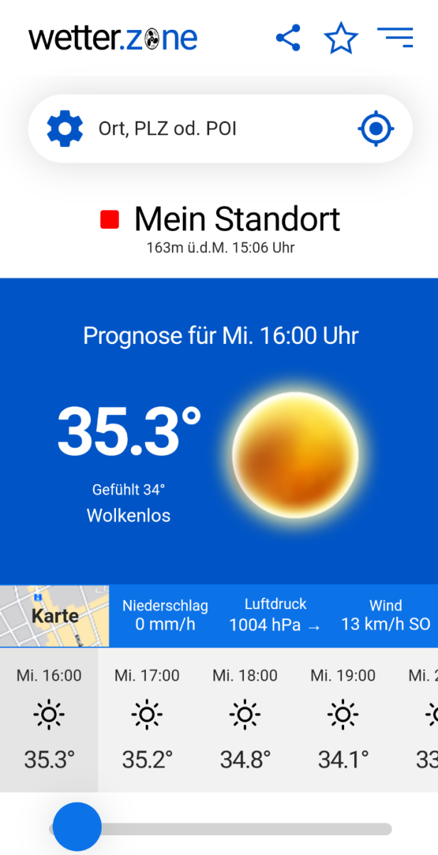 Eine Wettervorhersage zeigt 35,3 Grad Celsius und wolkenlosen Himmel.
