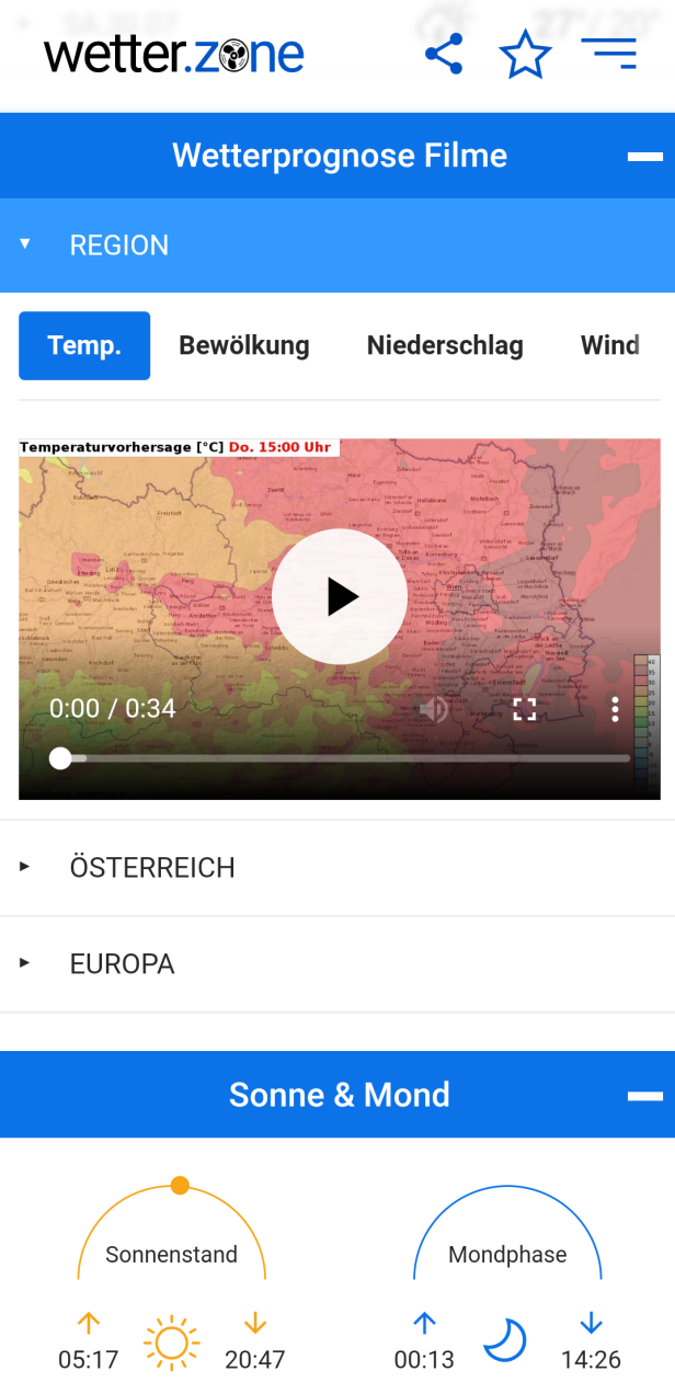 Eine Temperaturvorhersage für Österreich, dargestellt auf einer interaktiven Wetterkarte.