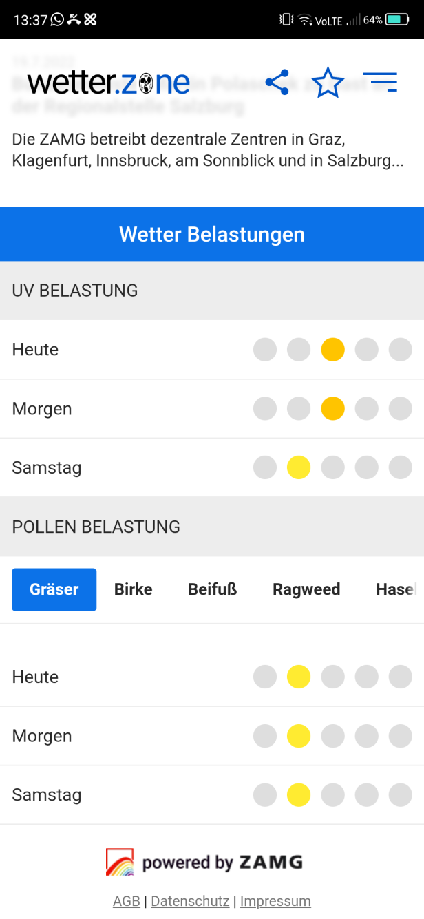 Ein Screenshot der Wetter.zone-App, die UV- und Pollenbelastung anzeigt.