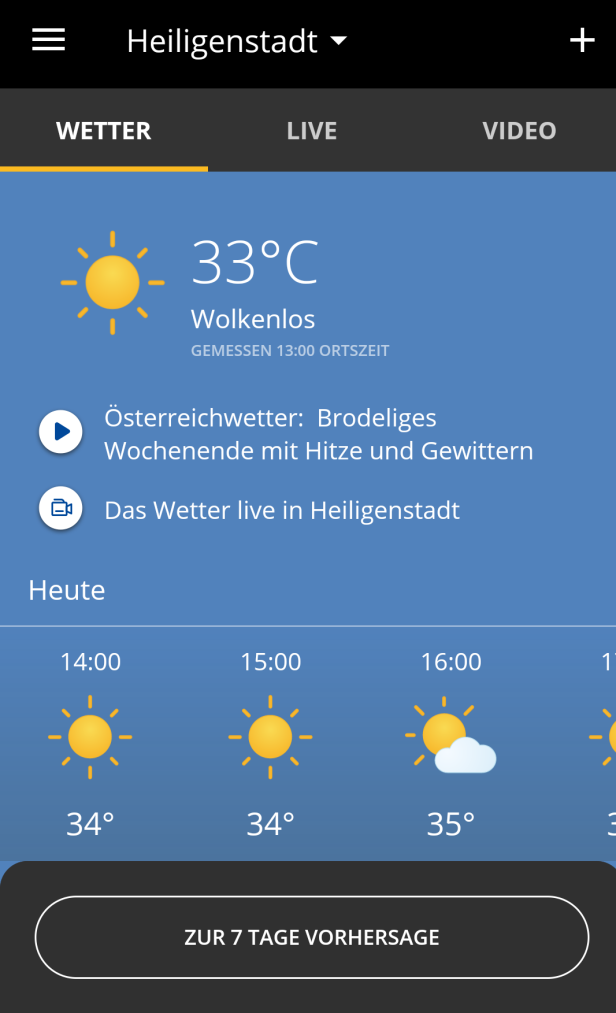 Screenshot einer Wetter-App mit einer Temperatur von 33°C in Heiligenstadt.