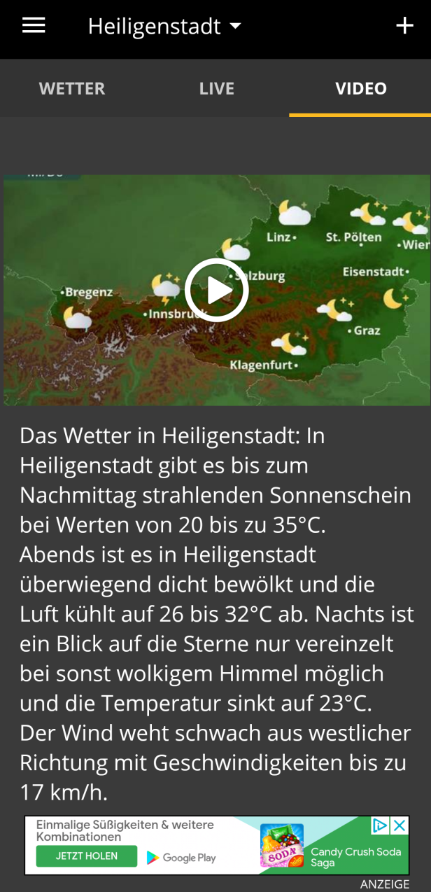 Eine Wetterkarte von Österreich mit Vorhersagen für verschiedene Städte.