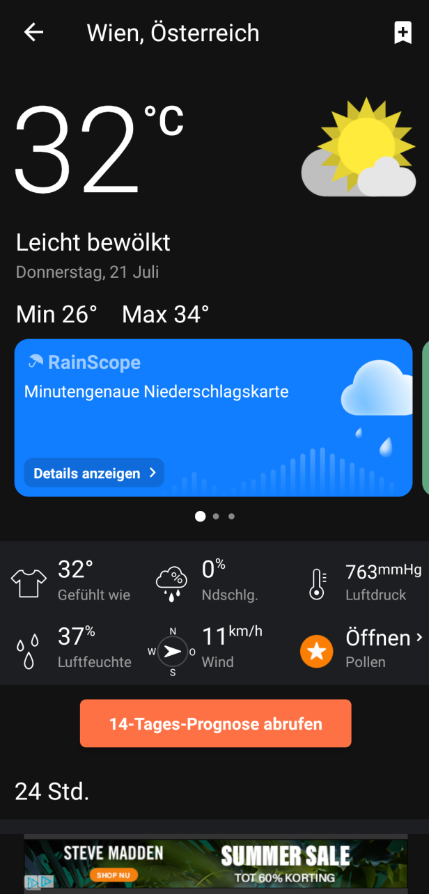 Ein Wetterbericht für Wien, Österreich, zeigt 32 Grad und leichte Bewölkung.