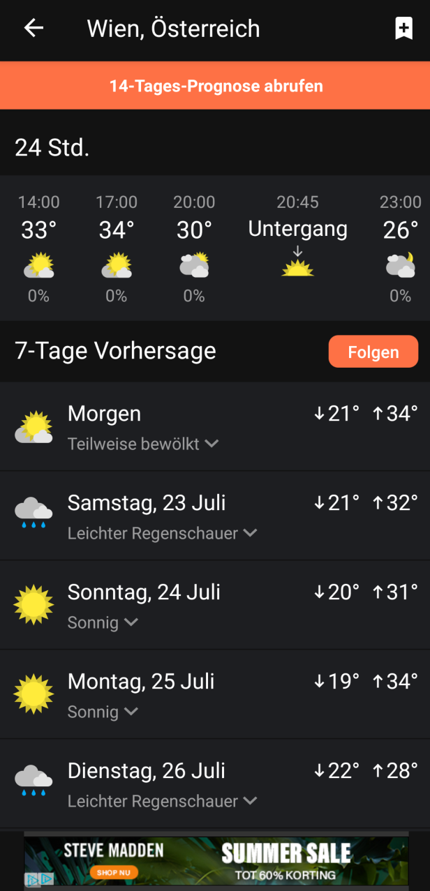 Ein Screenshot der Wettervorhersage für Wien, Österreich.