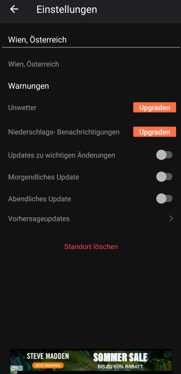 Ein Screenshot der Wetter-App-Einstellungen für Wien, Österreich.