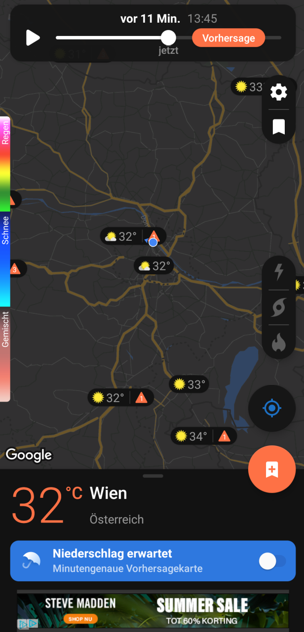 Eine Wetterkarte von Wien, Österreich, mit einer Temperatur von 32 Grad Celsius.