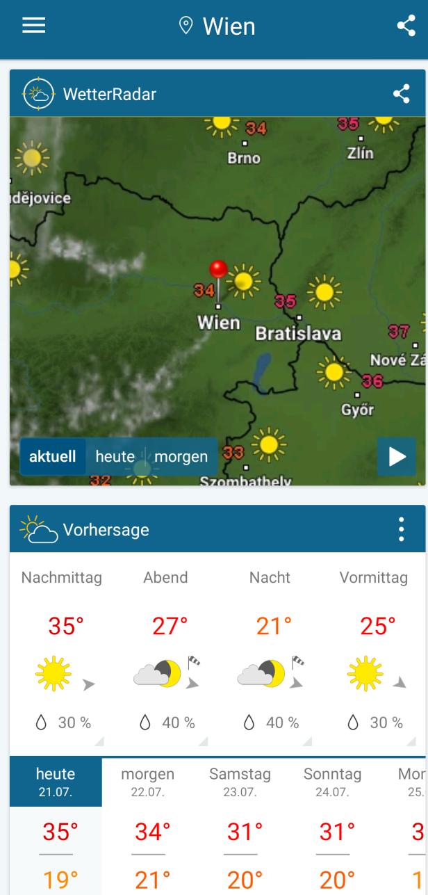 Eine Wetterkarte für Wien und Umgebung zeigt sonniges Wetter und hohe Temperaturen.