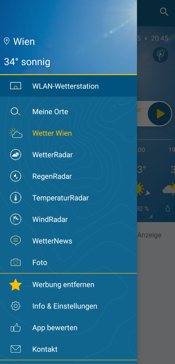 Ein Screenshot einer Wetter-App mit der Vorhersage für Wien bei 34 Grad und Sonne.