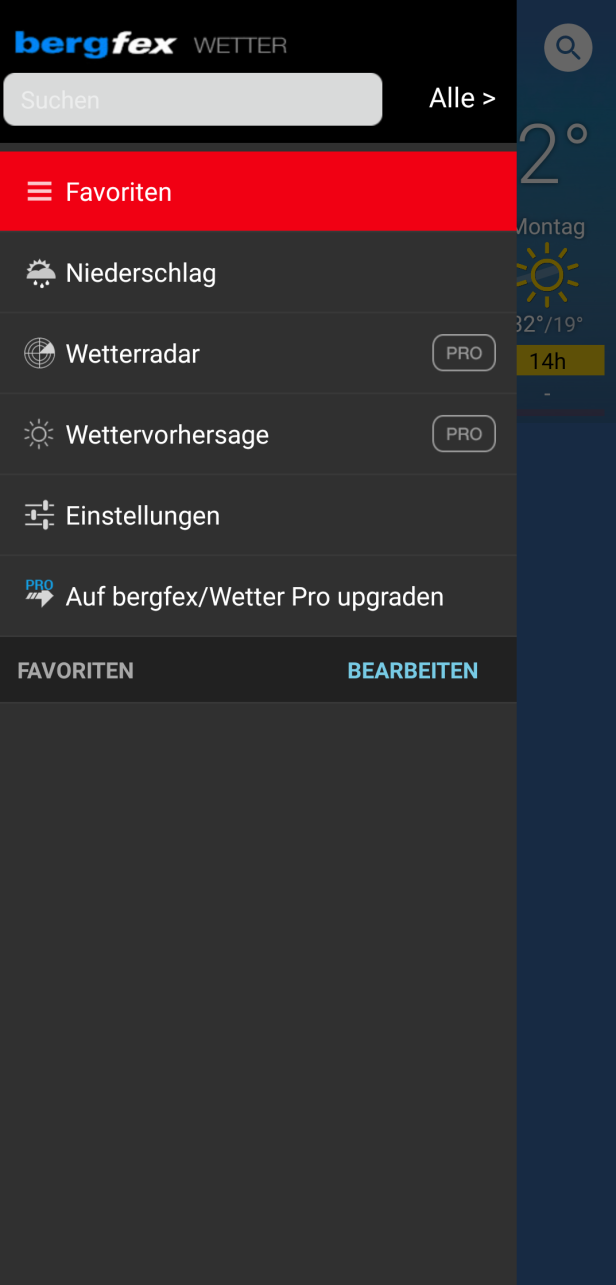 Ein Screenshot der Bergfex Wetter-App mit verschiedenen Optionen wie Niederschlag und Wetterradar.