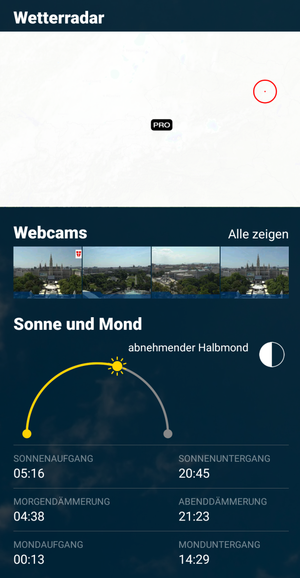 Ein Wetterradar-Interface mit Informationen zu Sonnenaufgang, Sonnenuntergang, Mondphasen und Webcams.