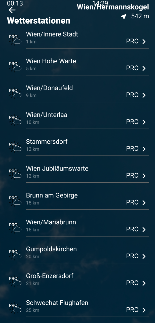 Eine Liste von Wetterstationen in Wien und Umgebung mit Entfernungsangaben.