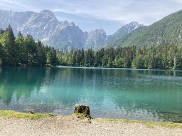 Der türkisfarbene Lago di Fusine liegt eingebettet in einem Wald vor einer Bergkulisse.