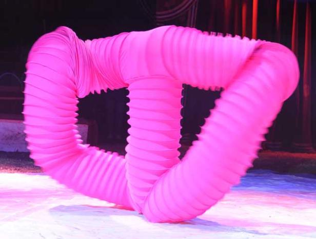 Ein pinkfarbener, flexibler Tunnel steht in einer Arena.