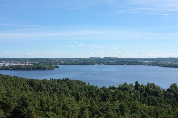 Blick über einen See auf eine Stadt am Horizont, umgeben von grünen Wäldern.