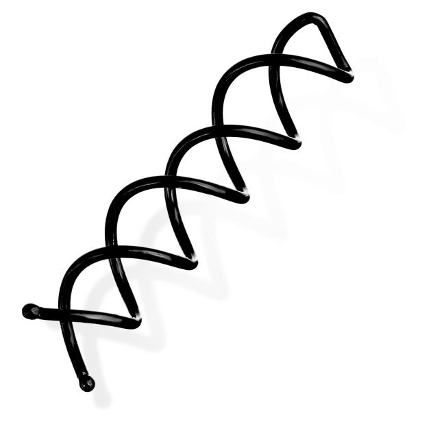 Eine schwarze, spiralförmige Haarspange auf einem weißen Hintergrund.
