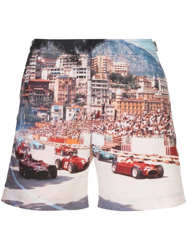 Badehose mit einem Aufdruck von einem Autorennen in Monaco.