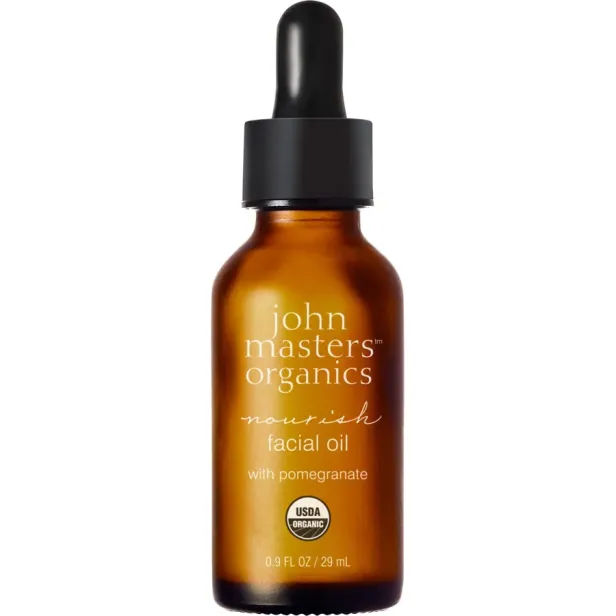 Eine Flasche „John Masters Organics Nourish Facial Oil“ mit Granatapfel.