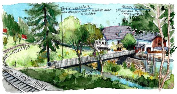 Aquarellzeichnung der Teufelsmühle und Teufelsbrücke, einer sagenhaften Wanderung an der Großen Mühl.