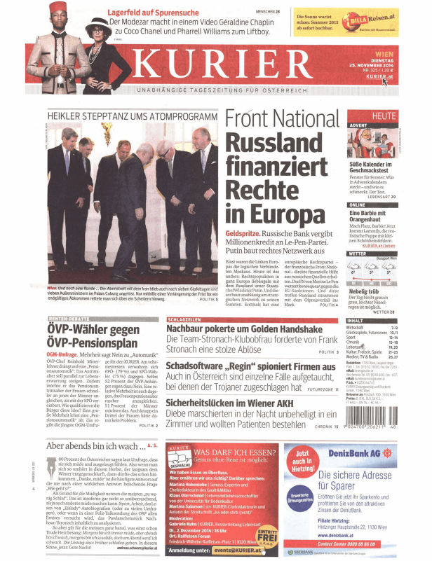 Titelseite der Zeitung „Kurier“ vom 25. November 2014.