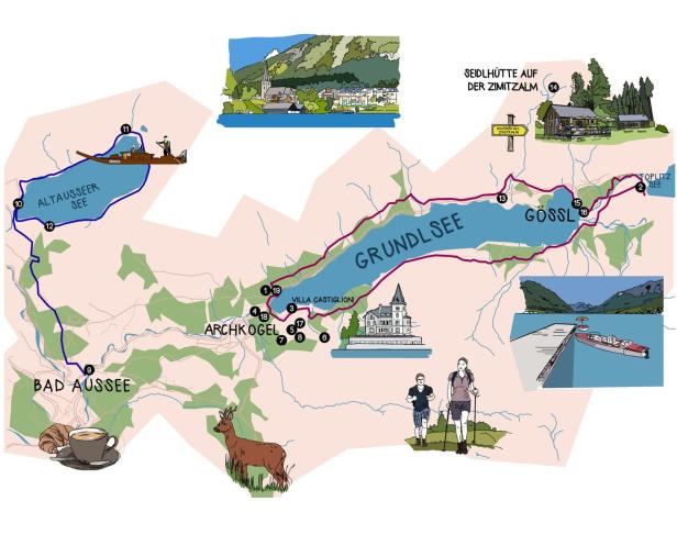 Eine illustrierte Karte der Region um Bad Aussee mit dem Grundlsee und Altausseer See.