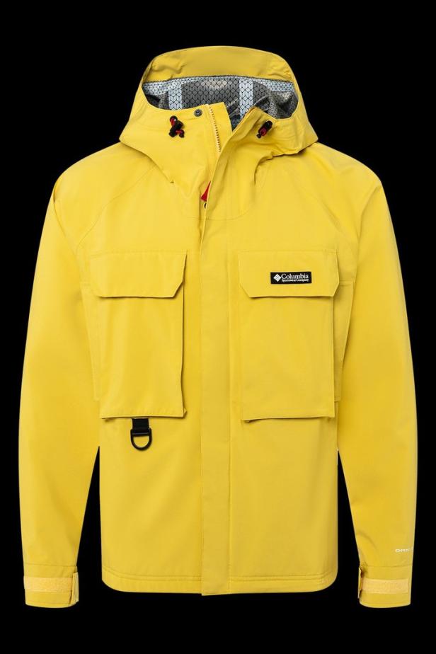 Eine gelbe Columbia-Regenjacke mit Kapuze und mehreren Taschen.