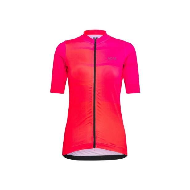 Ein kurzärmeliges Radtrikot in leuchtenden Pink- und Orangetönen mit durchgehendem Reißverschluss.