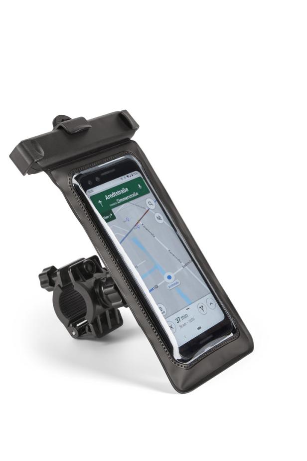 Ein wasserdichtes Smartphone-Gehäuse ist an einem Fahrradlenker befestigt und zeigt eine Navigations-App.
