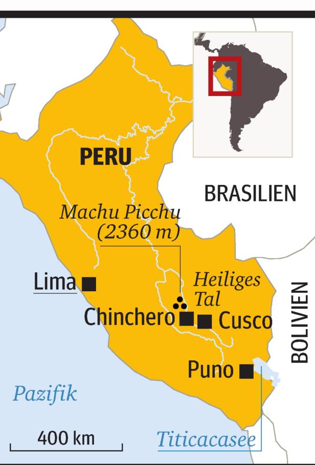 Eine Karte von Peru mit hervorgehobenen Städten wie Lima, Cusco und Machu Picchu.