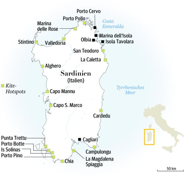 Eine Karte von Sardinien mit hervorgehobenen Städten und Küstenabschnitten.