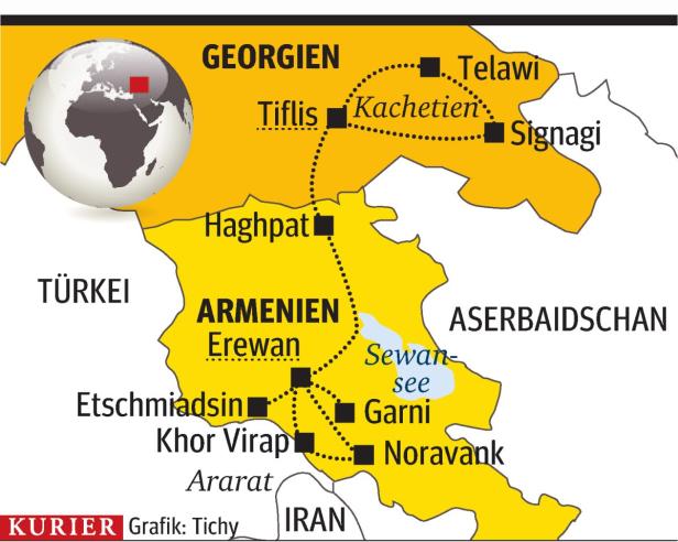 Eine Karte, die die Lage von Georgien, Armenien, Aserbaidschan, der Türkei und dem Iran zeigt.