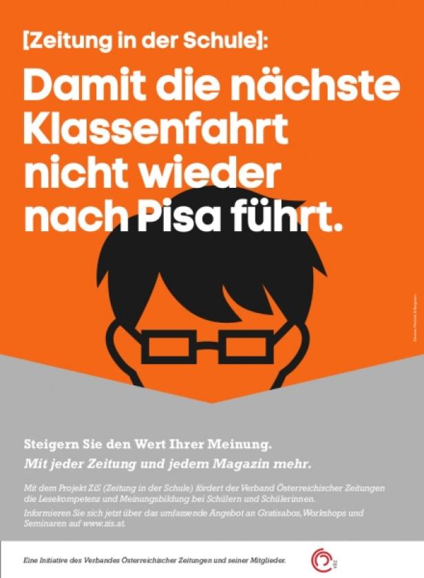 Ein Cartoon-Schüler mit Brille vor einem orangefarbenen Hintergrund wirbt für „Zeitung in der Schule“.