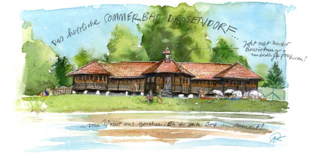 Aquarellzeichnung des Sommerbads Drosendorf mit Badegästen.