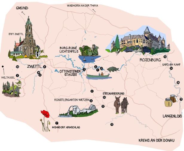 Eine illustrierte Karte des Waldviertels mit Sehenswürdigkeiten.