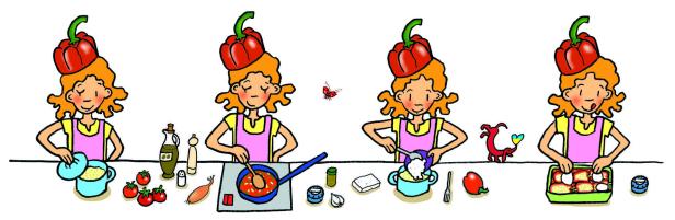 Eine Frau mit Paprika auf dem Kopf kocht eine Mahlzeit in vier Schritten.