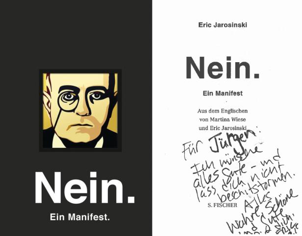 Das Buch „Nein. Ein Manifest“ von Eric Jarosinski mit einem Porträt des Autors auf dem Cover.