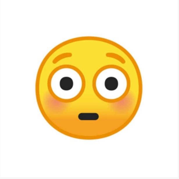 Ein gelbes Emoji mit großen Augen und geröteten Wangen blickt überrascht.