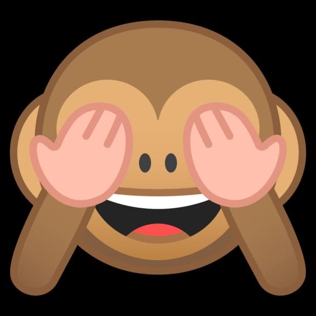 Ein Affen-Emoji hält sich die Hände vor die Augen und grinst.